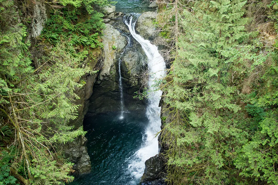 A waterfall seen from the suspension bridge.