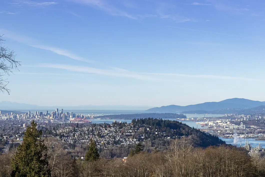 Burnaby Mountain Park Hike 1 view of downtown from burnaby mountain